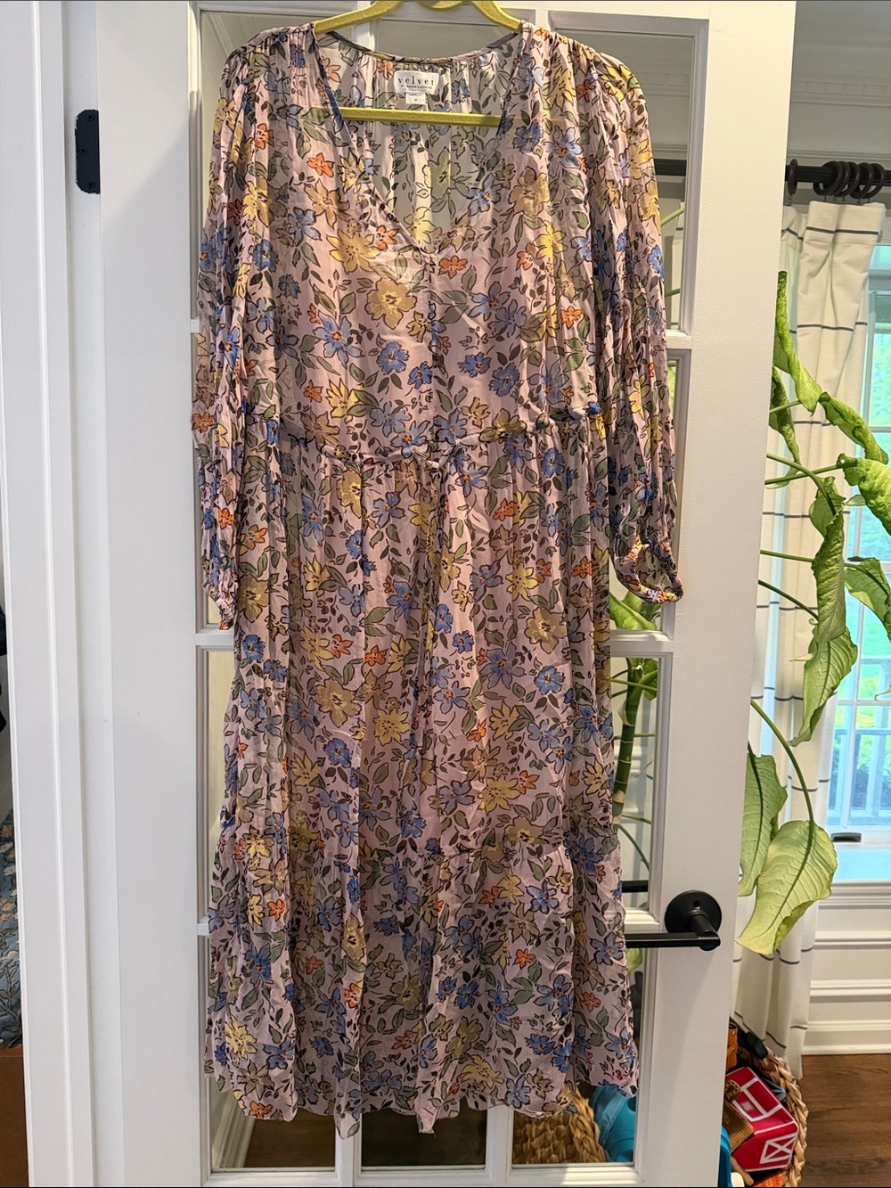 Velvet Pink Floral Long Sleeve Midi Dress